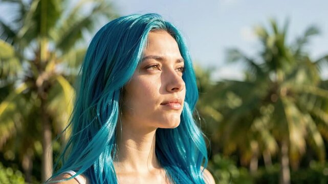 Beautiful Young Woman with Bright Blue Hair Looking Thoughtfully Into the Sunlit Tropical Landscape