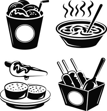 Minimalist Local Street Food and Drink Icon Set
Asian Food Vector Illustration with Noodle Bowl and Skewers
Street Food Stall Menu Icons - Hot Noodles, Iced Drink and Snacks
Hand-drawn Style Local Cui