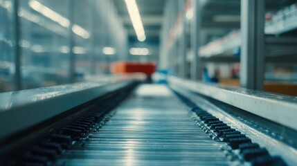 Fototapeta premium Industrial conveyor belt operating in a large warehouse facility, handling material processing, sorting, and packaging goods for efficient distribution and logistics