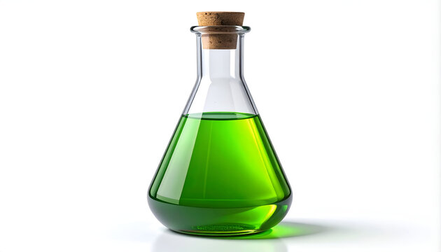 Glass Flask Filled with Vibrant Green Liquid and Cork Stopper.