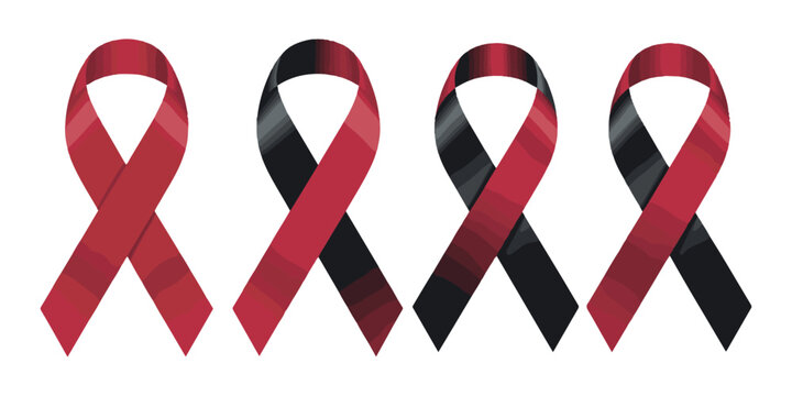 Red and black awareness ribbon vector set for solidarity support disease prevention and healthcare causes.