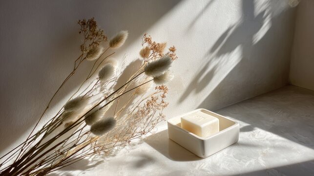 A rectangular dish holds a bar of pale soap, next to dried fluffy stems