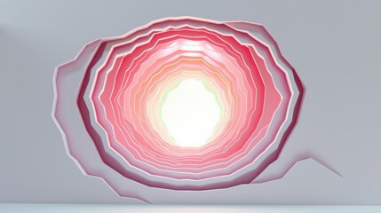 Fototapeta premium Abstract pink layers form tunnel. Bright light emanates center, creating dramatic visual effect. Minimalist background enhances focus.