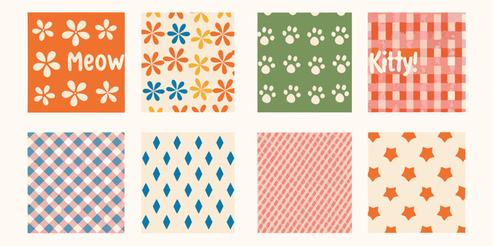 Cat themed pattern sheet with floral paw print and gingham designs