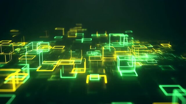Flying over a futuristic grid of glowing digital cubes and data blocks