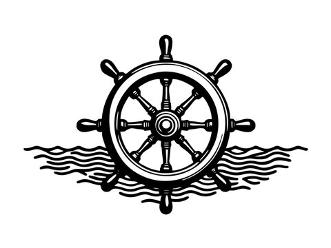 Ein traditionelles Steuerrad eines Schiffes vor einem maritimen Hintergrund.KI Generiert