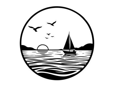 Ein rundes Logo mit einem kleinen Segelboot, das bei Sonnenuntergang auf dem Meer f&auml;hrt. KI Generiert