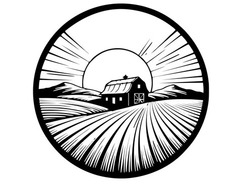 Ein kreisf&ouml;rmiges Design, das ein Bauernhaus unter einer strahlenden Sonne darstellt.KI Generiert