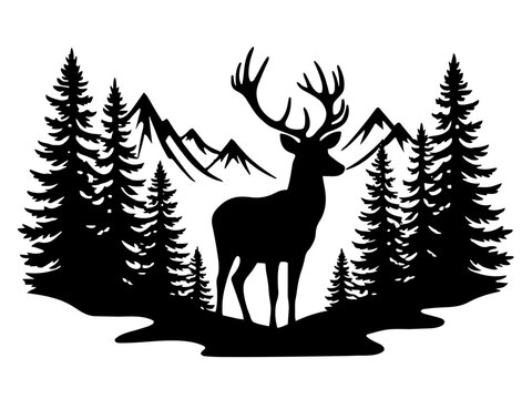Die Silhouette eines stolzen Hirschs vor einer Bergkulisse und Nadelw&auml;ldern.KI Generiert