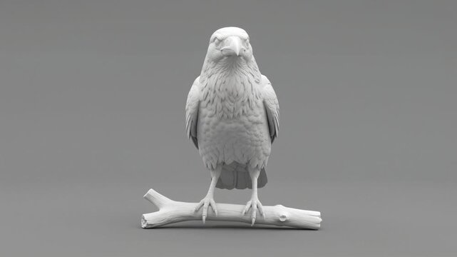 white 3d render of crow bird perched on branch