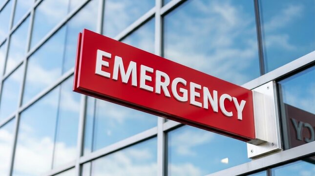 Red emergency room sign on modern glass hospital building