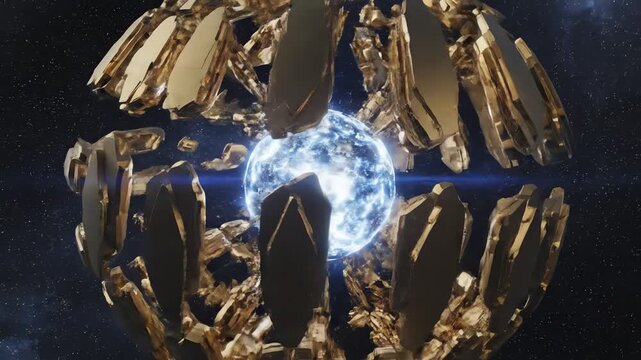 A golden, crystalline structure encasing a glowing blue orb against a dark, star-filled background.