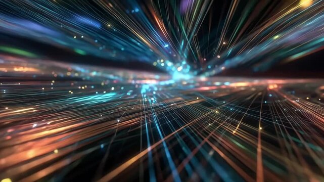 Tracking shot of glowing data streams streaking through abstract digital network space with converging light lines