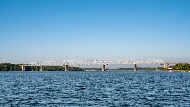 Old Little Belt Bridge across Little Belt strait, road and railway bridge between Middelfart, Funen and Snogh&oslash;j, Jutland, Southern Denmark