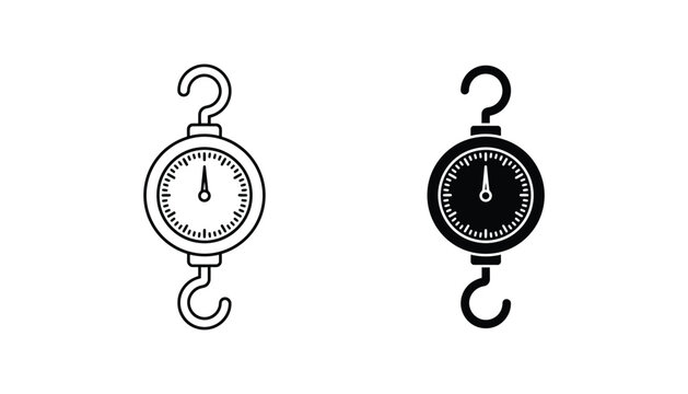 Spring scale measuring tool icon set featuring professional line art and solid black silhouette for weight measurement and scientific equipment branding isolated on white background