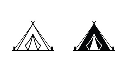 Camping tent icon set for outdoor adventure and travel concepts in minimalist line and solid black vector illustration styles © Dhaka