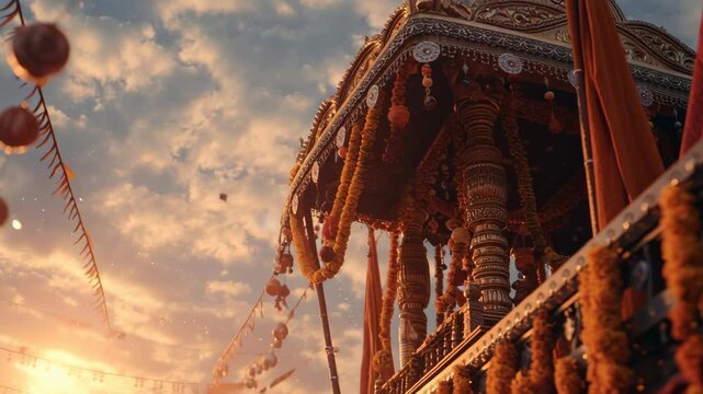 Ornate Palkhi chariot decorated with marigold flowers during procession
