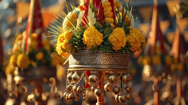 Decorative flags and ceremonial poles at a traditional Indian festival.