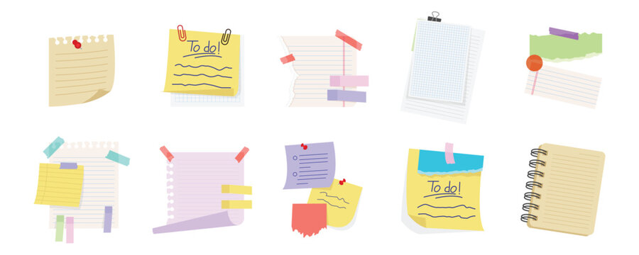 Flat vector illustration set of various memo paper, sticky notes, and to do list with tape and pins. Hand drawn doodle memo and sticky notes paper illustration set