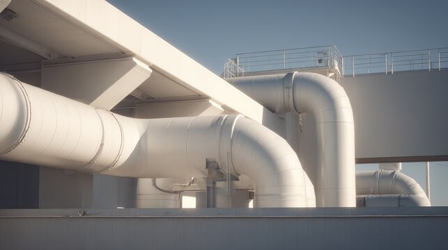 White insulated industrial pipes curving across a clean building structure under a clear blue sky, highlighting concepts of energy, modern engineering, and urban development