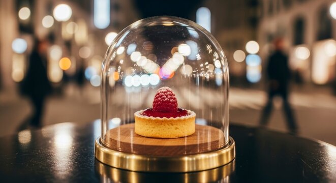 Photographie culinaire d'une &eacute;l&eacute;gante tarte aux framboises sous cloche en verre