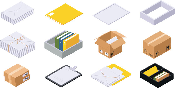 Isometric office stationery and logistics set featuring mail envelopes cardboard boxes file folders documents clipboard and archive storage for business management