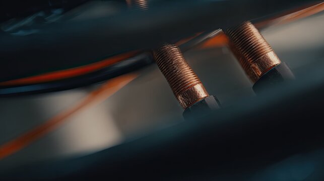 Copper wires securely connecting to black terminals, emphasizing intricate detailed electronic components and electrical connections within an abstract circuit board or industrial setting