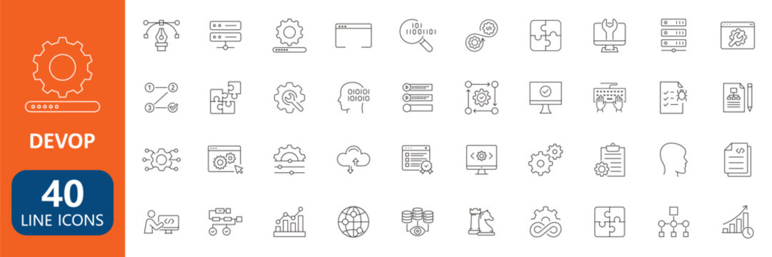 DevOps technology line icons set cloud computing automation workflow and software development outline collection