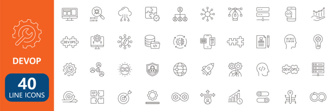 DevOps technology line icons set cloud computing automation workflow and software development outline collection