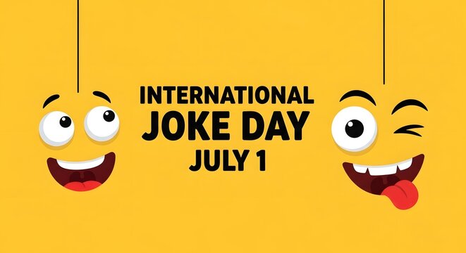 International joke day celebration graphic with yellow background and two playful cartoon emoji faces