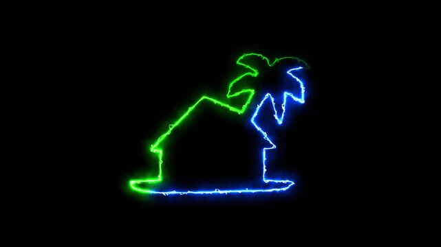Glowing Black Hut and Palm Tree Logo blue and green color saber animation on a black background