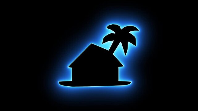 Glowing Black Hut and Palm Tree Logo saber animation on a black background