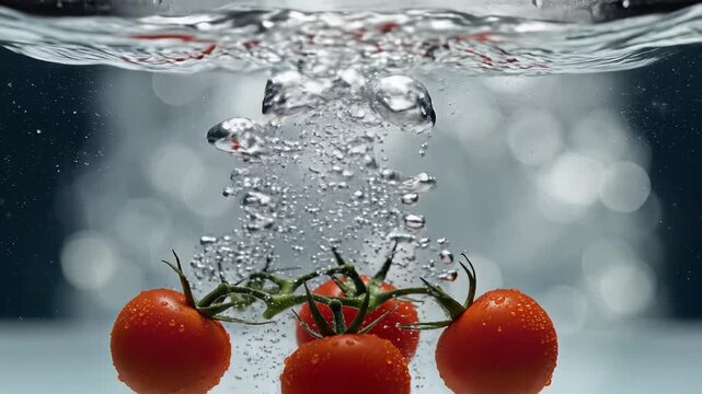 Fresh Cherry Tomatoes Dropping into Clear Water Creating Splash.