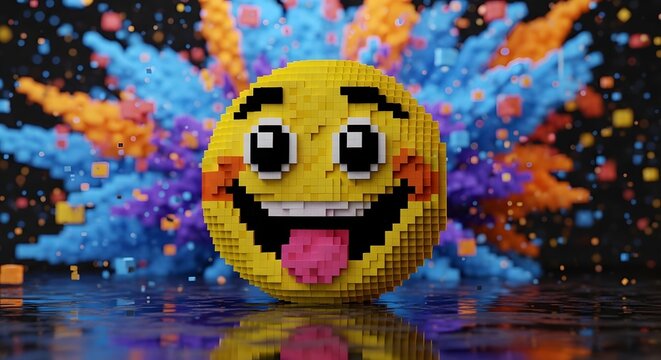 Voxel style 3d emoji face with tongue out surrounded by colorful pixelated explosion