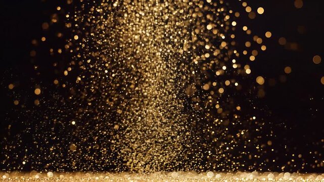Golden Glitter Particles Exploding and Falling in Slow Motion.