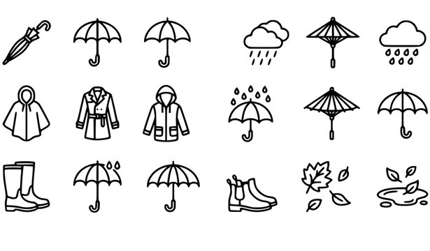 Autumn rain umbrella icon set black and white seasonal vector collection