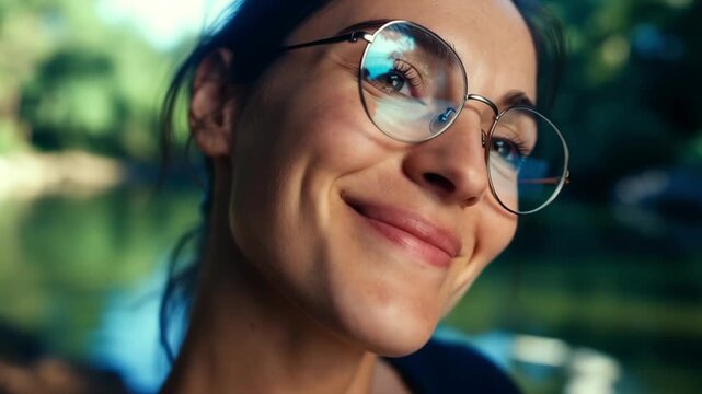 Tracking slow motion tilt pan shot of woman smiling and turning head with eyeglasses reflection by lakeside outdoors in natural daytime setting