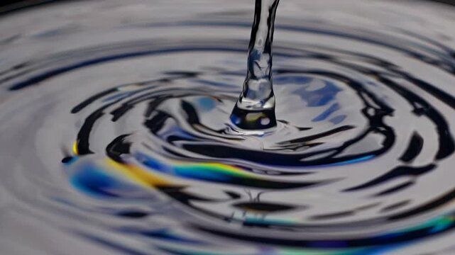 Water droplet creates ripples on the surface of a reflective liquid, showcasing a continuous flow of movement and color patterns in a close-up view
