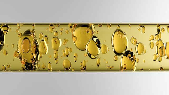 3D golden oil texture with air bubbles In a transparent glass tube, skin care serum or cosmetics essence. Beauty, wellness. Natural cooking oil, motor oil.