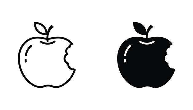 Bitten apple fruit silhouette and outline icon set for technology