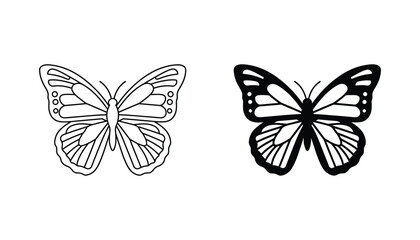 Monarch butterfly icon set featuring symmetrical insect wing patterns in outline and solid black glyph styles for nature and wildlife graphic design © Meghna