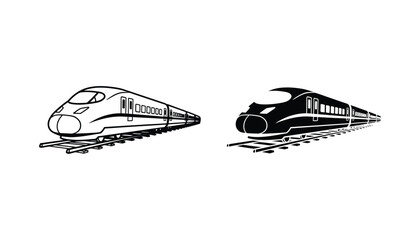 High speed train travel icon set featuring sleek modern locomotive design in outline and solid silhouette styles for transportation and logistics industry branding isolated on a white background © Meghna