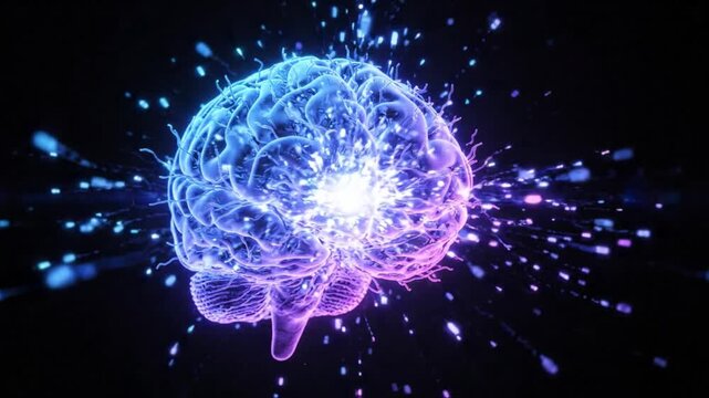 Brain neural explosion light technology science glowing digital brain with neural network connections and electric energy flow symbolizing intelligence abstract futuristic science concept anatomy