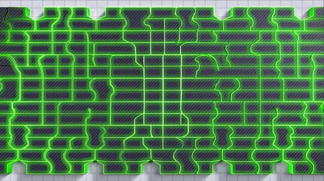 環境技術を象徴するチタン製パズルの嵌合と緑に発光するグリッドの背景