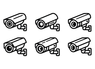 Collection of six minimalist black outline security surveillance camera icons isolated on transparent background © MDJAHED