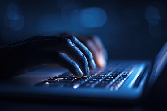 Typing on a laptop keyboard in the dark with glowing keys and bokeh background