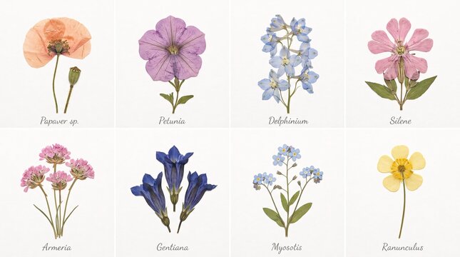 Delicate Botanical Flower Illustrations Arranged in Labeled Grid on White Background