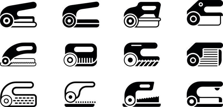 Black and white office stationery icon set featuring various hole punchers staplers and paper cutters for school business and office supply design