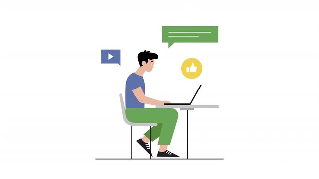 A young man sitting at a table with laptop, social media message bubble and play icon pop up representing online communication and digital engagement.