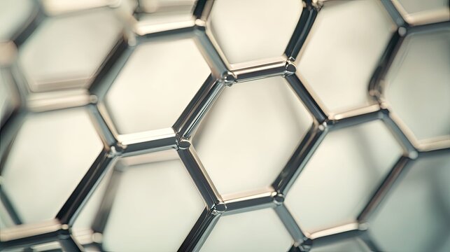 Chrome metal framing creating a detailed hexagonal grid structure, highlighting advanced materials and interconnected geometric shapes for a modern technological background